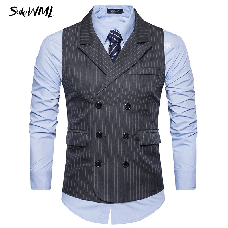 Sukiwml Новинка года газа костюм жилет Для мужчин Slim Fit Homme жилет de костюм Повседневное Для мужчин S двубортный жилет свадебные Для мужчин S костюм жилет