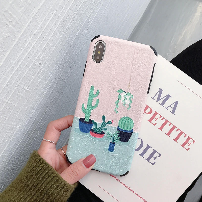 Phone Case For iPhone 7 8 6 6s Plus Embossed Cactus Silicone Cover x Luxury Xs max Xr Teenge Stylish Funda |