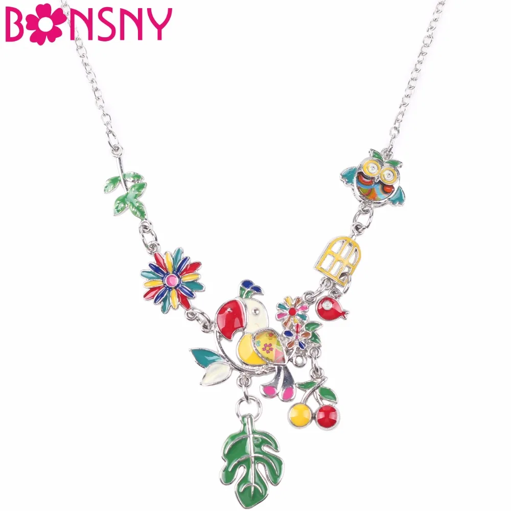 Ожерелье женское эмалированное в виде птицы и листьев вишни|jewelry for women|statement