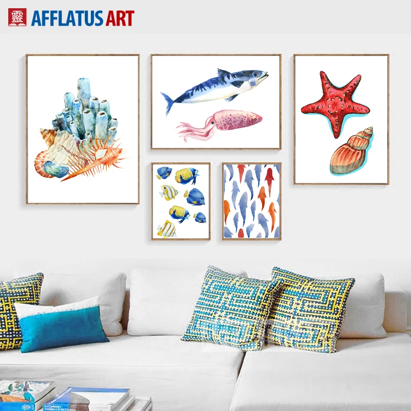 

AFFLATUS Coral Starfish Fish Wall Art Posters And Prints Canvas Painting Nordic Poster Wall Pictures For Living Room