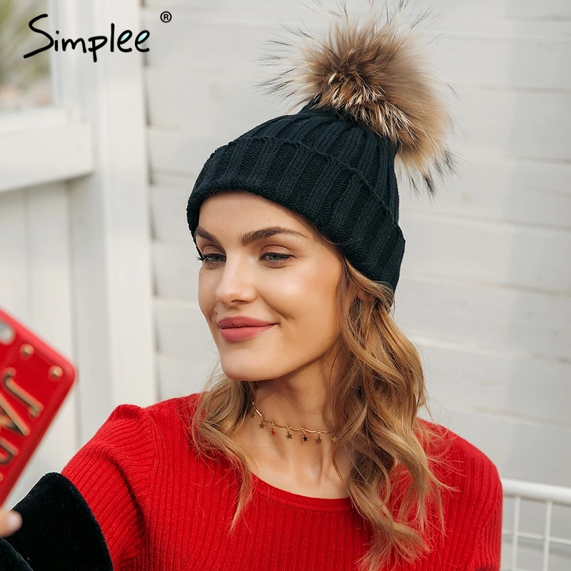 Женская теплая шапка чулок с помпоном Simplee Лыжная шапочка со съемным меховым