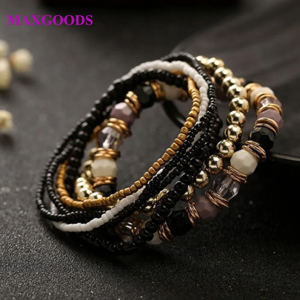 

7 Pcs/Set Four Seasons Bohemian Multi-layer Beaded Jewelry and Women Elastic Bracelet 2019 New