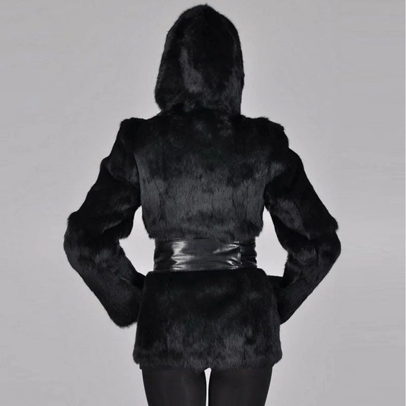 Black/ White Womens Hooded Man-Made Mink Fur Overcoats Large Sizze Winter Autumn Warm Female Fake Outwears With Belt D419 | Женская