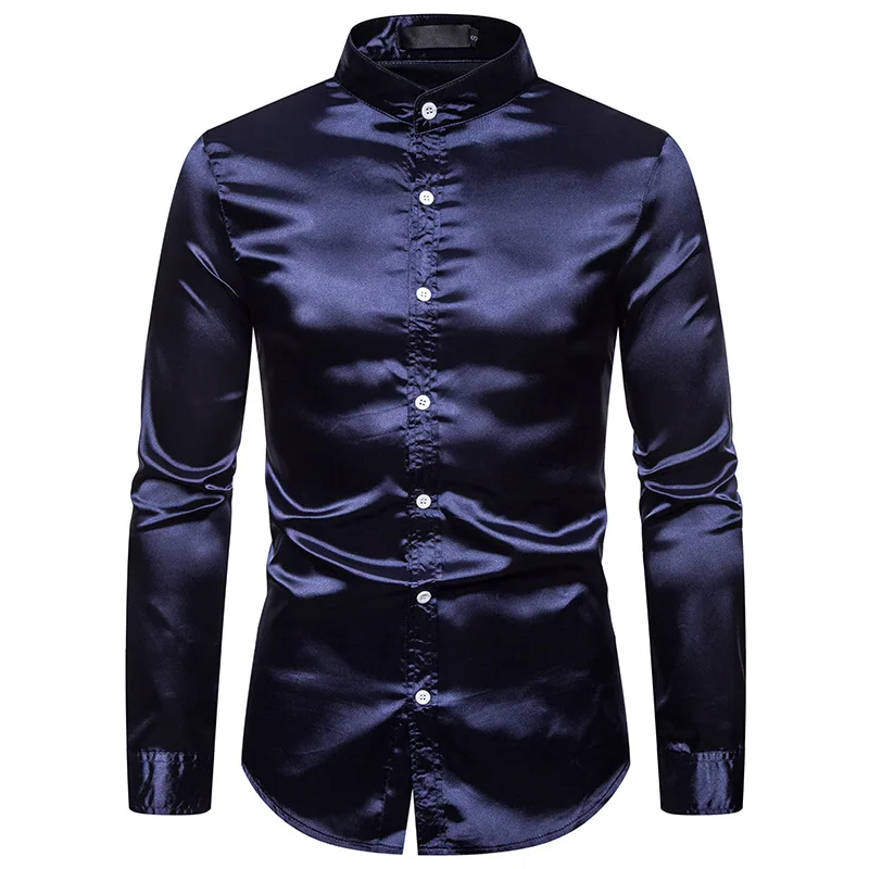 Для мужчин s Атласные Рубашки блестящего шелка Повседневное Slim Fit Свадебный