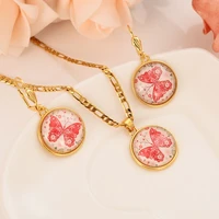 new guinea party sets christma dubai india solid fine gold gf pendant necklace earrings women pink butterfly perspective papua
