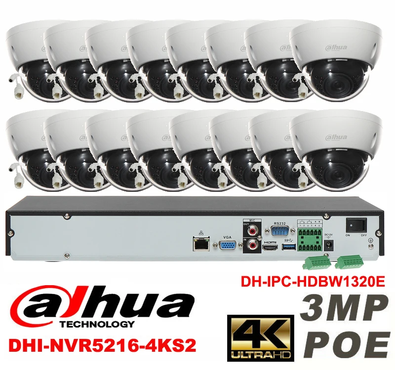 Dahua оригинальный 16CH 3MP H2.64 DH IPC HDBW1320E 16 шт. купол ip видеонаблюдения сетевая камера POE