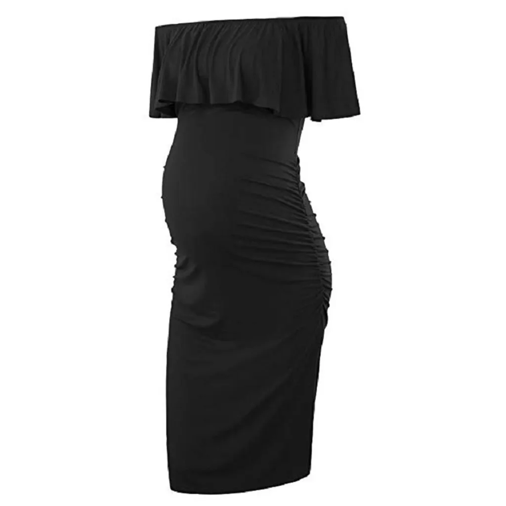 

2019 New Fashion Pregnant Women's Maternity Ruffles Off Shoulder Dresses Solid Color Dress Pregnancy 3/4 Sleeve Summer Robe