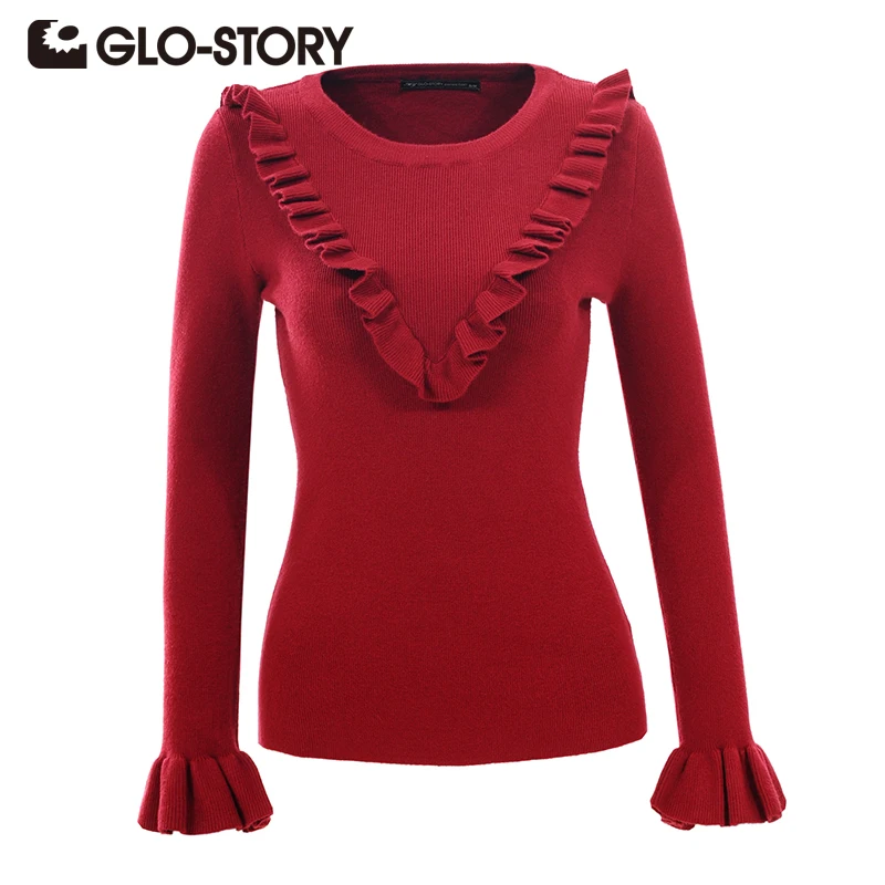 

GLO-STORY Woman Sweater Pullovers 2018 Round Neck Butterfly Sleeve Solid Knit Slim Fashion Ruffles Sweaters Female Tops 5568