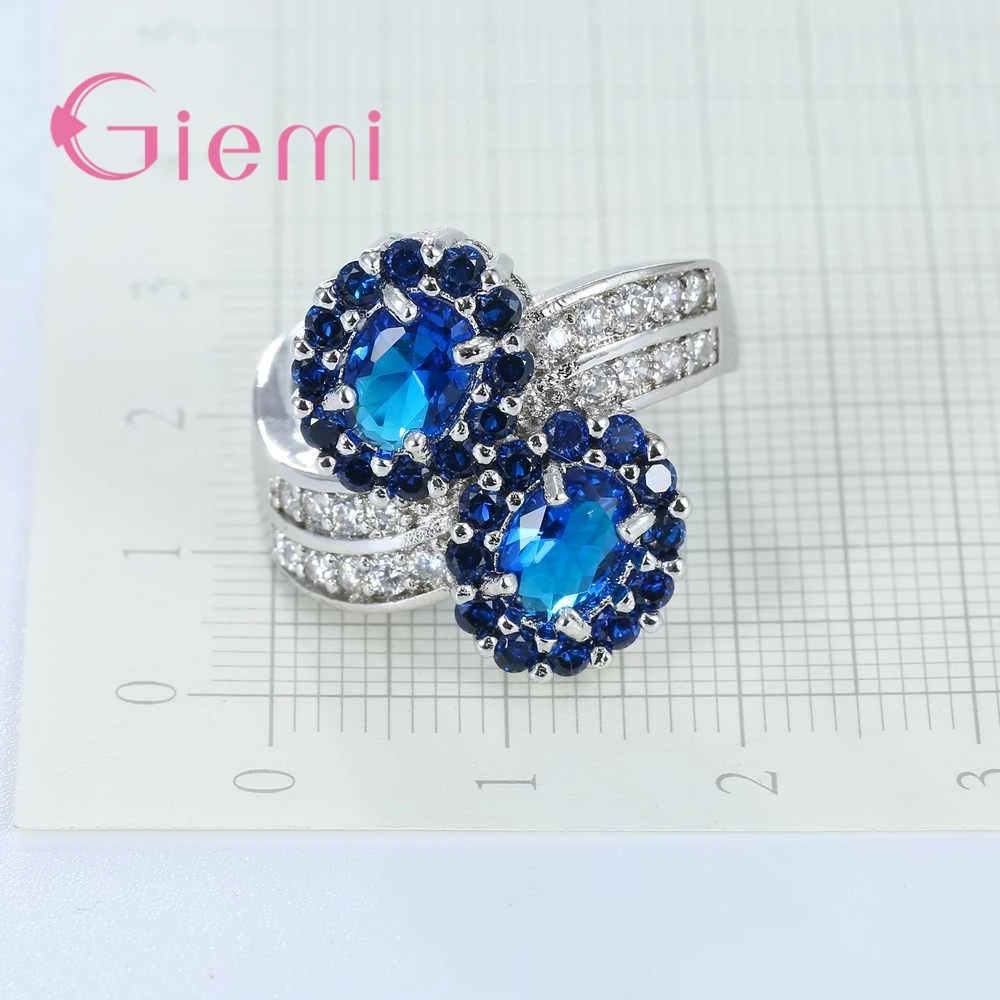 

New Stylish Double Blue Blossom Crystal Jewelry Women Clear Zircon Ring with Twist Band 925 Sterling Silver Rings Hot