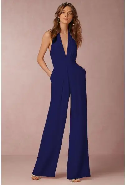 2019 New Casual Wedding Jumpsuit Sexy Sleeveless Halter Elegant Jumpsuit Ladies Coverall Deep V Sexy Halter Jumpsuit