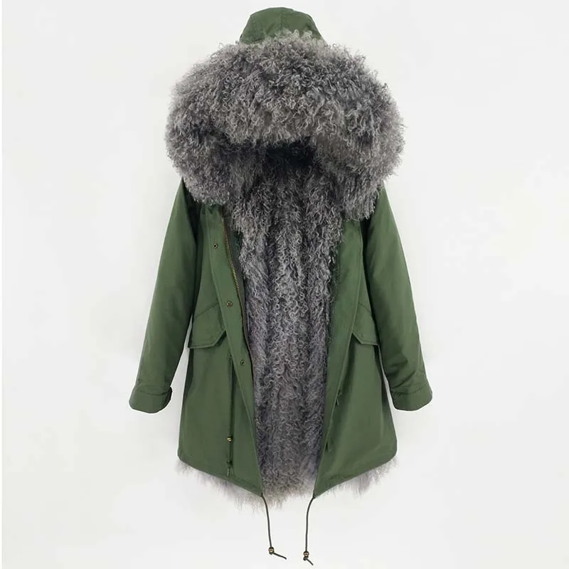 

2021 Long Parka Winter Jacket Women Natural Mongolia Sheep Fur Thick Warm Parkas Real Fur Coat Hood Brand New Removable Raccoon