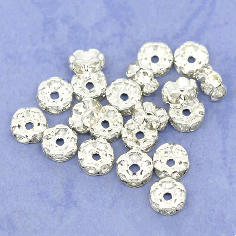 

500Pcs Wholesale Silver Plated Clear Rhinestone Rondelles Spacers Beads Jewelry Making Findings 6mm/8mm/10mm