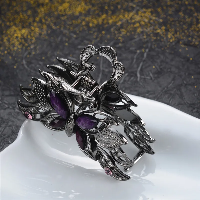 

Vintage Girl Crystal Flower Hair Claws Wedding Hair Clips Women Hair Jewelry With Charm Ancient Black Hair Accessories 3 Colors