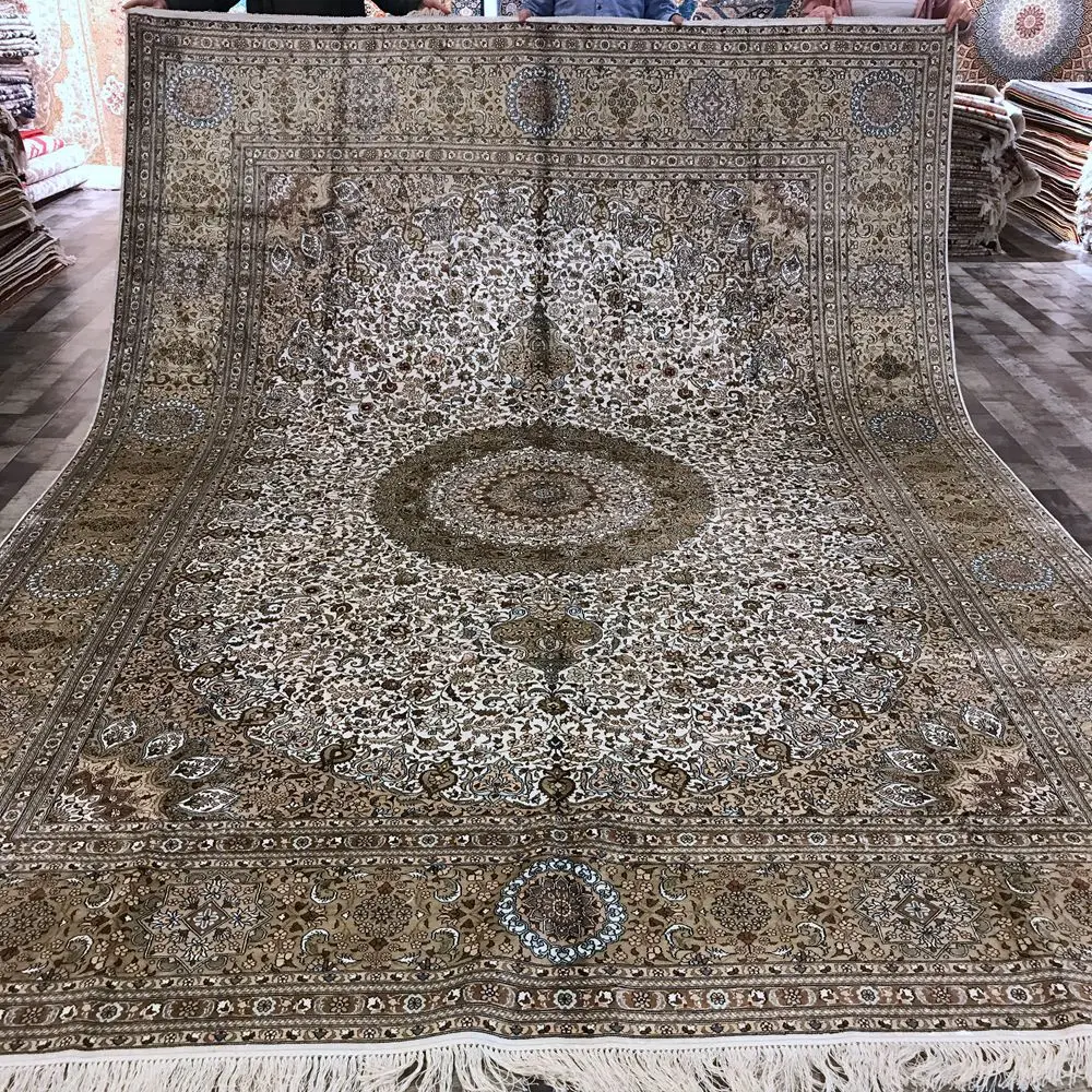 YILONG 9'x12' Традиционный персидский дизайн шелковый ковер белый и желтый