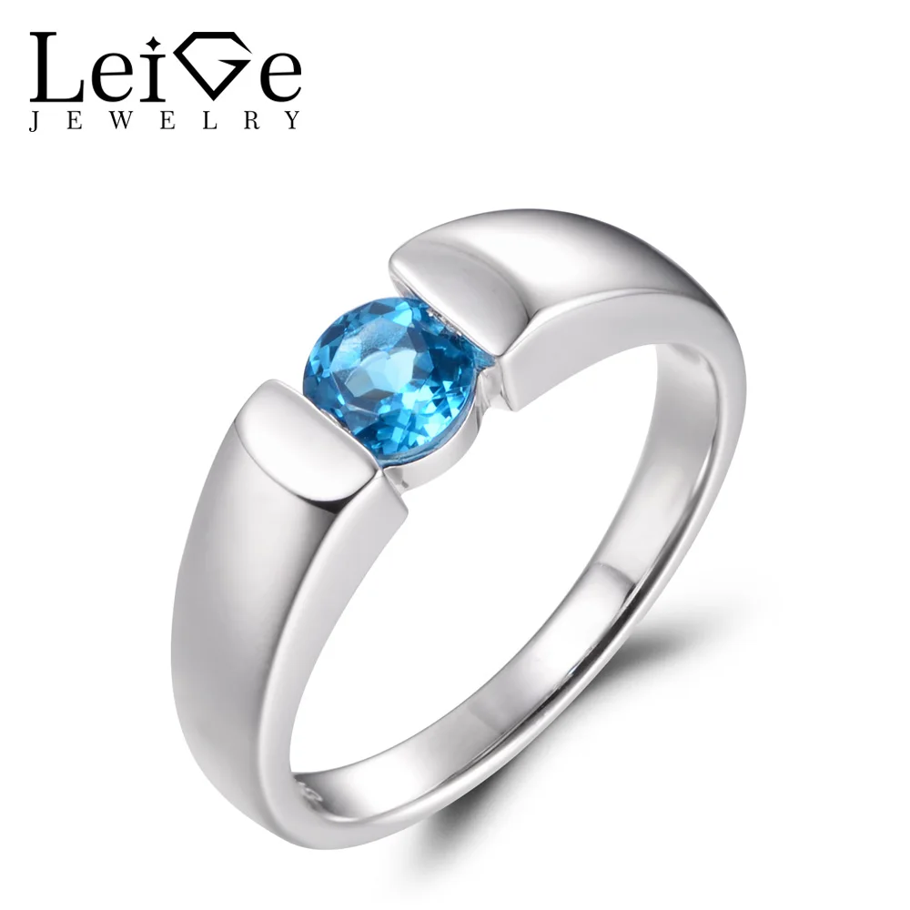 

LeiGe Jewelry Genuine Swiss Blue Topaz Rings Anniversary Rings November Birthstone Round Shape Blue Gems 925 Sterling Silver
