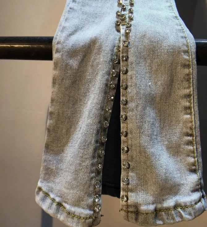 Новинка Весна 2019 модные джинсовые брюки Стразы с высокой талией и бусинами