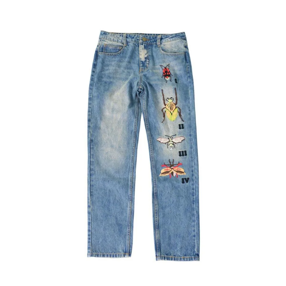 2018 Vintage Jeans Women's Clothing Summer Straight Denim Pants 3D Insect Embroidery High Wiast Ladies Loose |