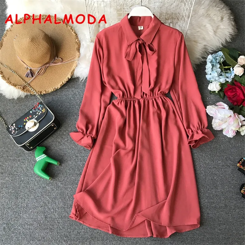 Женское шифоновое платье ALPHALMODA с длинными рукавами и бантом на воротнике в стиле