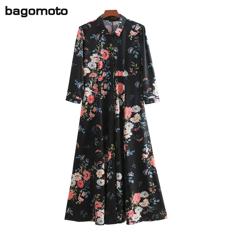 Bagomoto летнее платье женские 2018 Винтаж Принт с цветком рубашка Длинные платья