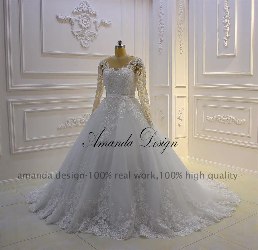 Свадебное платье с круглым вырезом и длинным рукавом|Свадебные платья| |