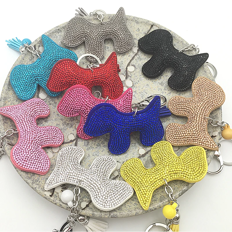 2018 women keychain Rhinestone cute dog shape 10 color fur leather fringed key wholesale|Брелоки| |