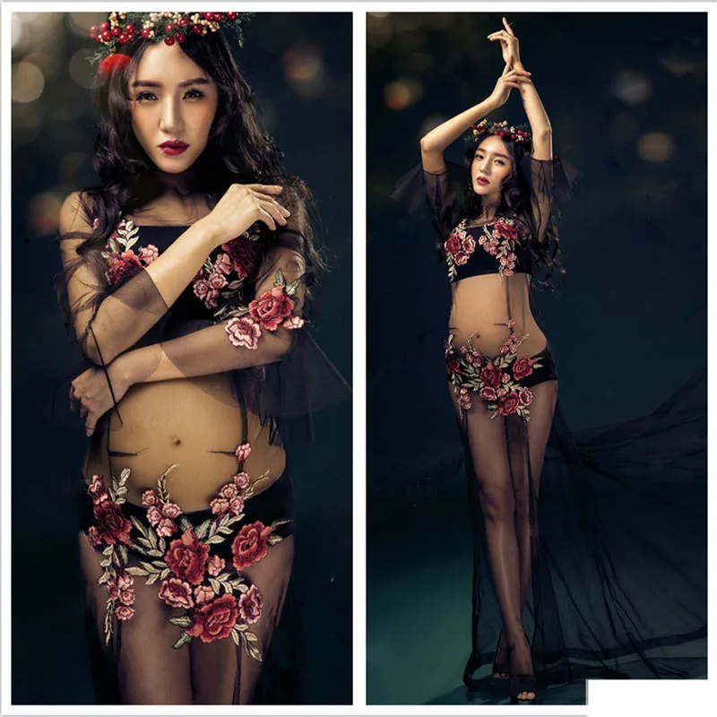 Gauze Embroidery Flower Maternity Photography Props Dresses For Photo Shoot Pregnancy Dress Pregnant Women | Мать и ребенок