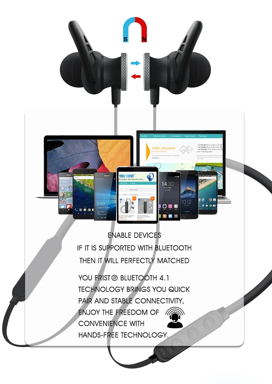 YOU FIRST беспроводные наушники Bluetooth гарнитура стерео магнитные спортивные наушники с микрофоном Fone De Ouvido для телефона iPhone