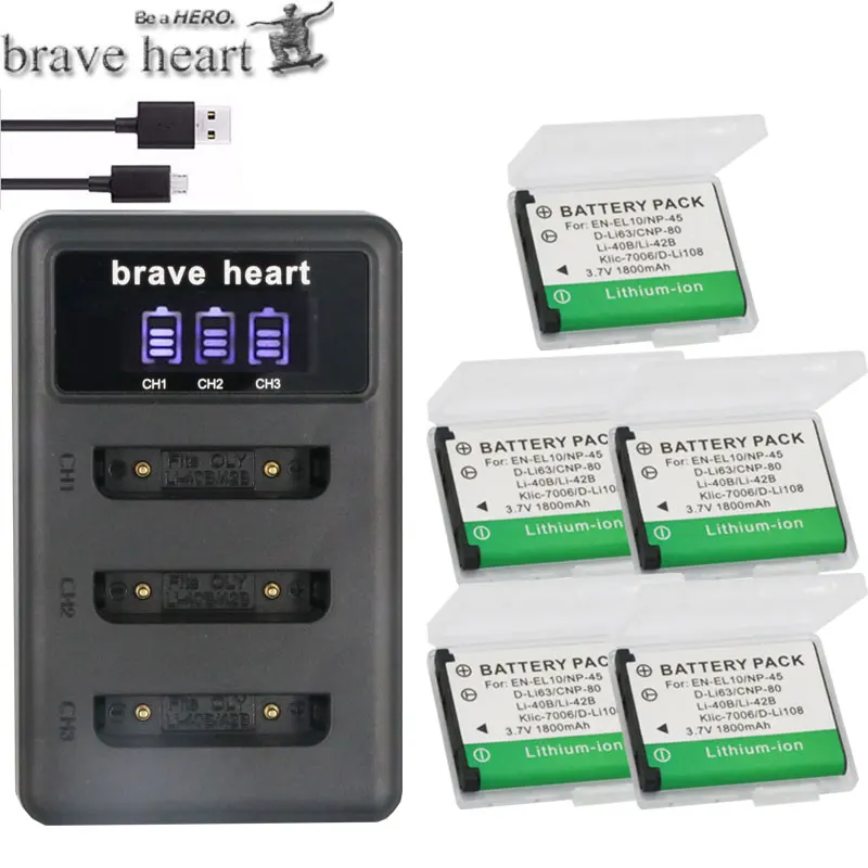 charger and 5battery 5x Li-40B LI-42B LI 40B 42B LI40B батареи+ ЖК-дисплей USB Зарядное устройство для FUJIFILM NP-45 NP 45 NP45 NP 45A 45B 45 S для Nikon EN-EL10 - Цвет: charger and 5battery