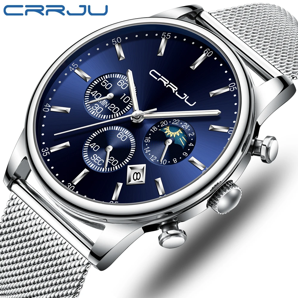 

2019 New Fashion Men Watch Top Luxury Brand CRRJU Chronograph Mesh Wristwatch Unique Design Blue Waterproof Watch Relogio