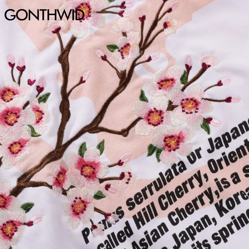 GONTHWID вышитые цветы вишни толстовки с капюшоном рисунком Harajuku Хип Хоп пуловер