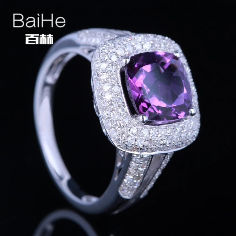 Baihe стерлингового серебра 925 2.3ct сертифицированных Подушки безупречный натуральная Аметист Свадебные Для женщин Винтаж уникальный элегантный кольцо