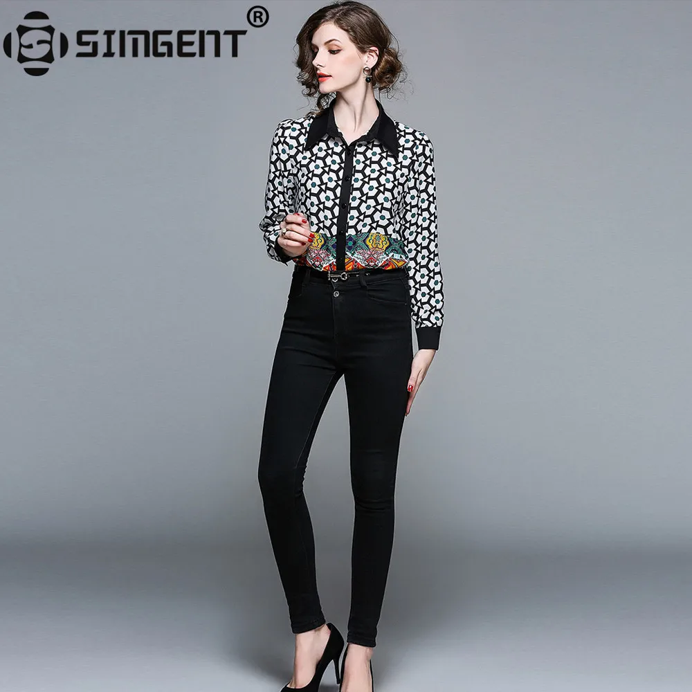 Женская офисная блузка Simgent повседневная винтажная с длинным рукавом и принтом