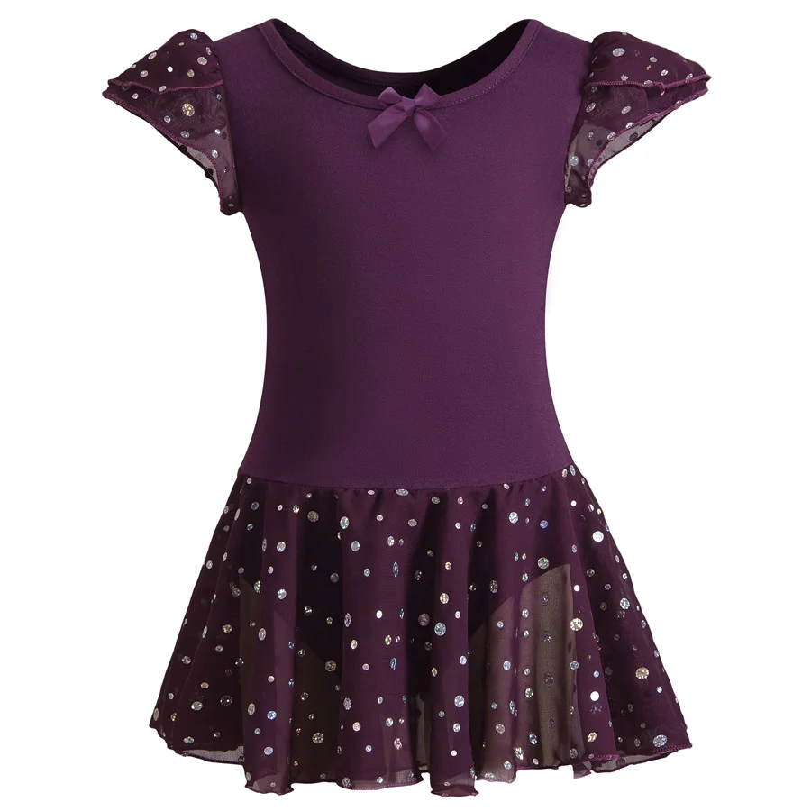 Dark Purple Детская танцевальная одежда для девочек, трико с короткими рукавами, блестящая юбка-пачка для балета, гимнастический купальник, шифоновая юбка - Цвет: Dark Purple