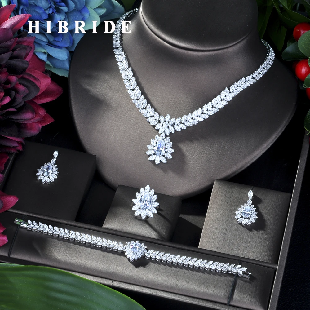 HIBRIDE Luxury Super Flower 4PCS African Jewelry Sets For Women Wedding Zircon CZ Nigeria Dubai Gold jewelry Sets 2019 N-40