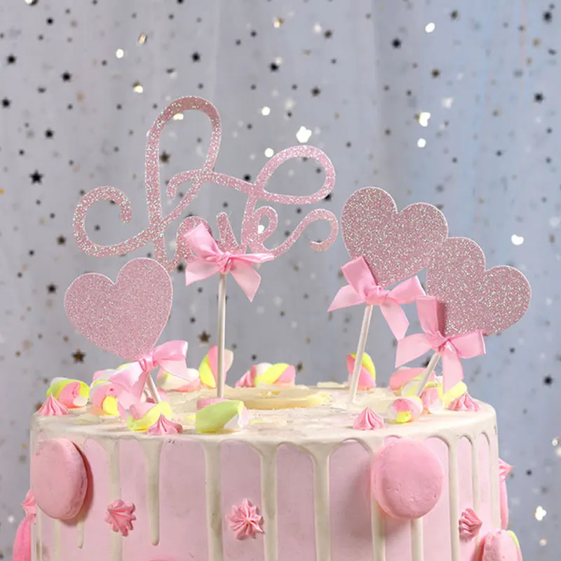 

4pcs/lot Pink LOVE Cake Topper Cupcake decoration Party Birthday Valentine's Day Decoration Birthday Party Wedding Supplies