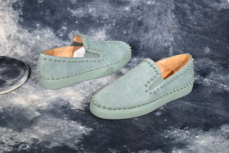 Suede Leather Pattern Flats Men Studded Spikes Red Thick Sole Loafers Male Round Toe Slip On Casual Shoes Rivets Green 48 | Обувь