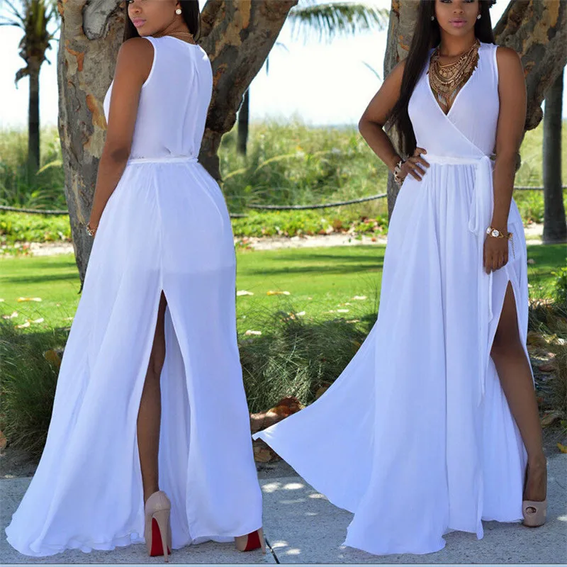 Women Boho Solid Long Maxi Dress Sexy V Neck Sleeveless Beach Vestido Side Split Elegant Party Loose Summer Sundress | Женская одежда