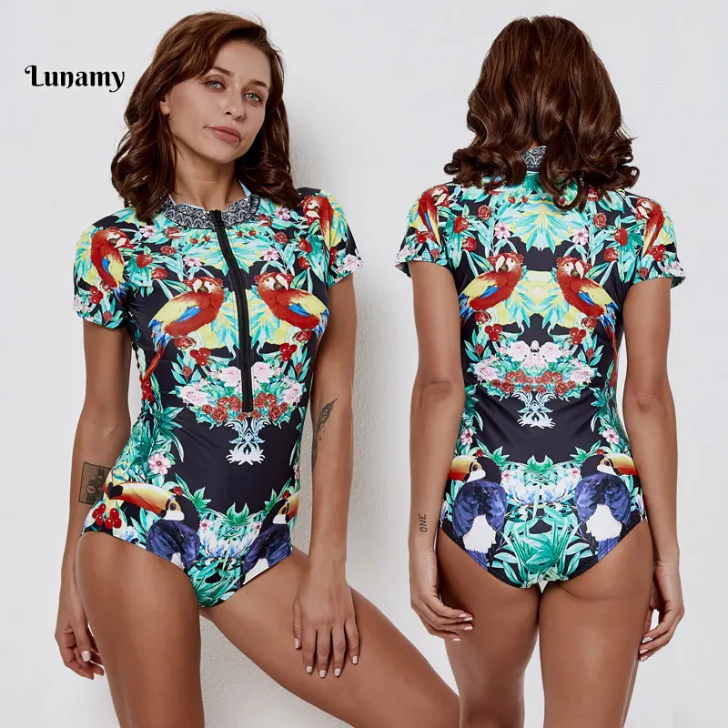 Lunamy, S-2XL, короткий рукав, одежда для плавания, Цельный купальник, Женский сексуальный купальник, пляжная одежда, ретро принт, боди,, Цветочный купальник