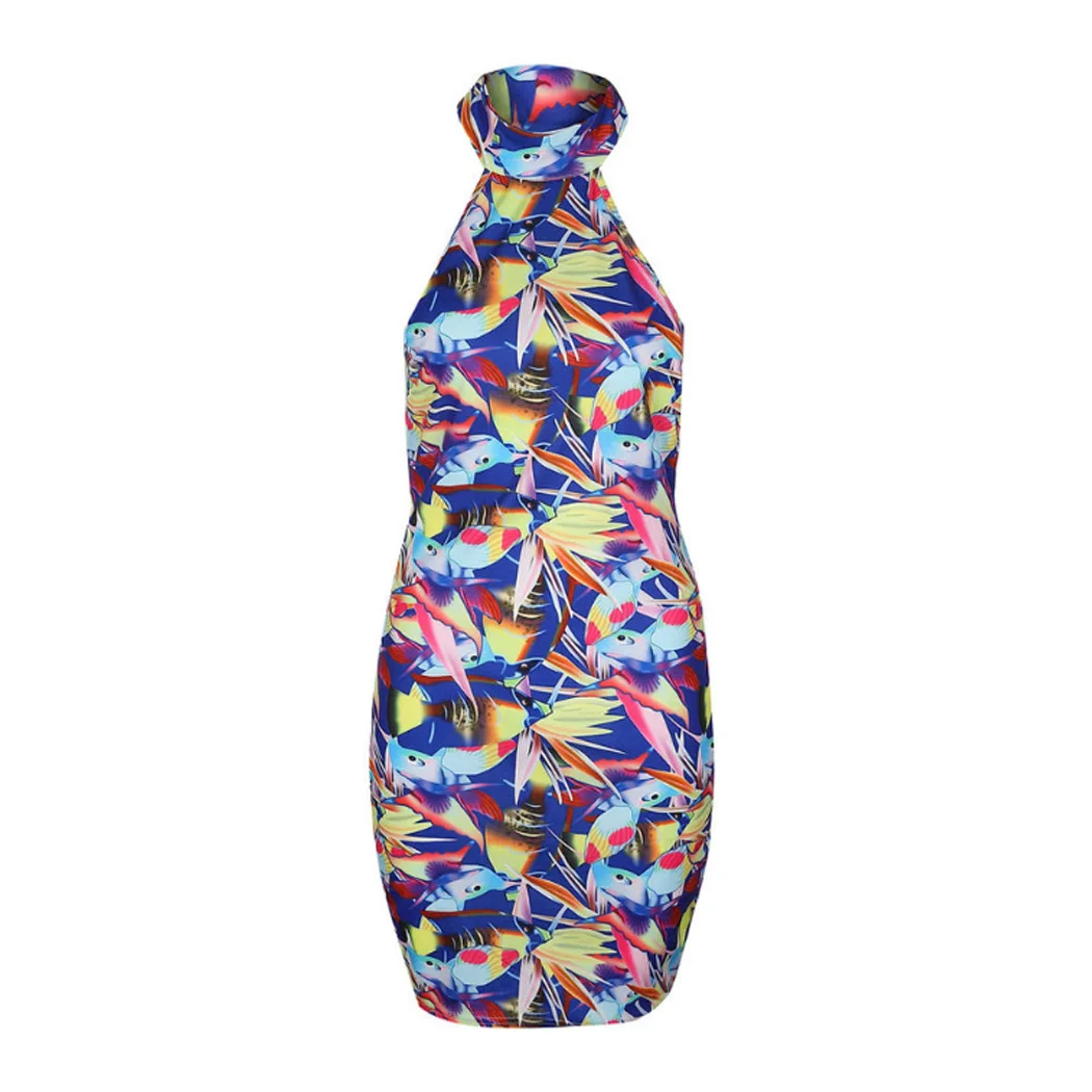 Сексуальная спинки мини платье на бретельках Для женщин элегантный печатных