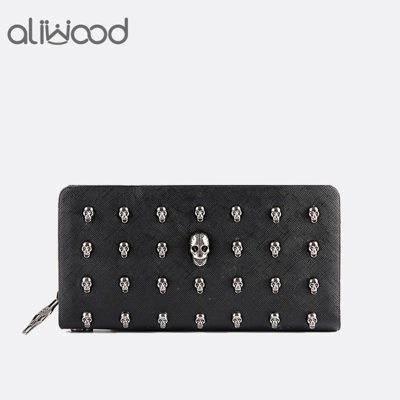 Aliwood Women Wallet Metal Skull Wallet Leather Black Card Purse Wristlet Portefeuille Handbag Carteira Feminina Lady Cash Purse