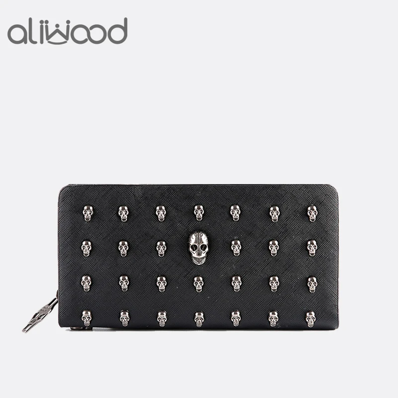 Бумажник Aliwood для женщин металлический кожаный черный кошелек с черепом