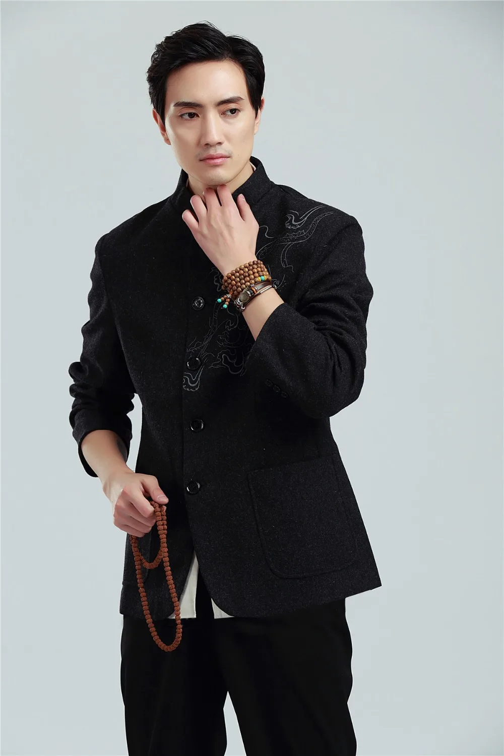 

Shanghai Story Chinese traditional Clothing dragon embroidery tang suit mandarin collar wool fabric chinese marry men's jacket