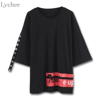 lychee hip hop summer women t shirt letter print ring ribbon short sleeve long t shirt oversize streetwear tee top