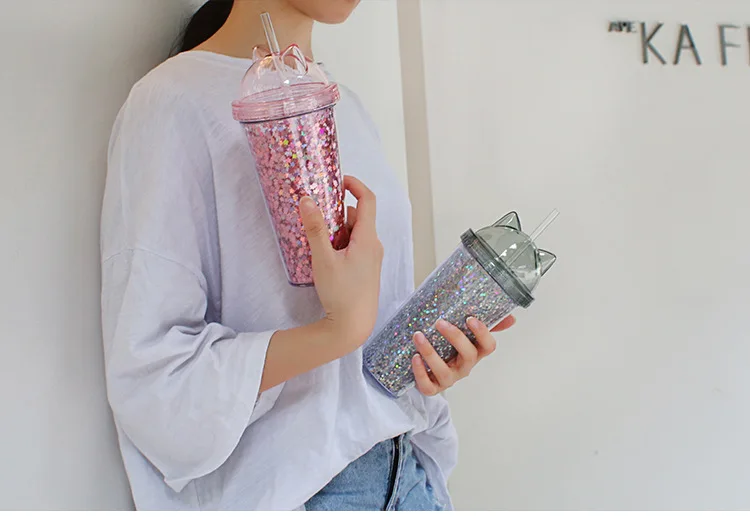 Новая креативная пластиковая BPA Хрустальная бутылка для воды флэш кошачьими ушками двухслойная Питьевая Бутылка Чашка для воды подарок детская посуда для напитков