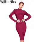 WillBeNice 2019 осенне-зимнее женское винно-красное вечернее платье с длинным рукавом и высоким воротом, облегающее платье, сексуальное клубное платье