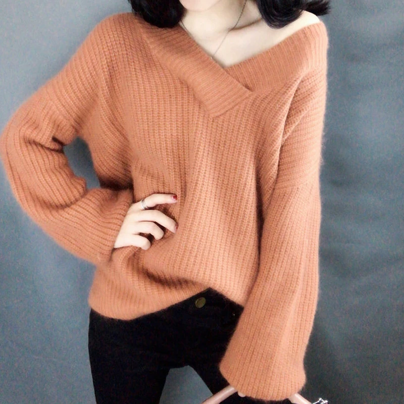 New 2020 Autumn Winter Casual Lantern Sleeves Cotton Sweater Women V-neck Pullovers Loose Knitted Bottoming One Size | Женская одежда