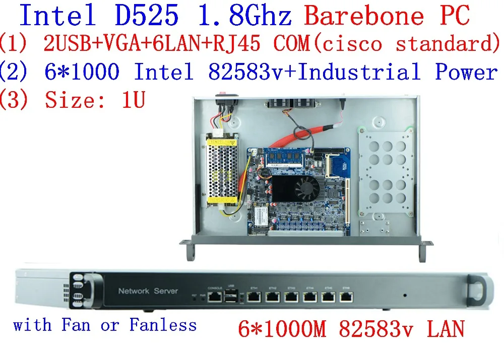 High cost-effective 1U router / firewall server with Atom D525,6*Intel 82583V 1000mbps Lan MB support ROS PFSense Panabit Wayos