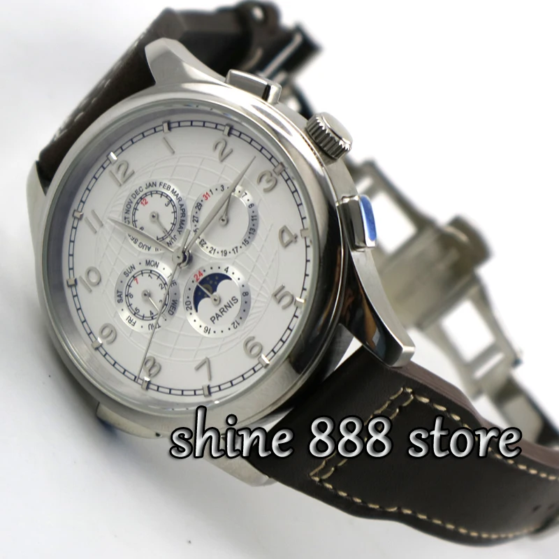 Часы Parnis 44 мм с белым циферблатом раскладная застежка серебристые стрелки фазы