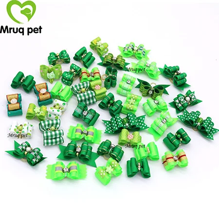 Green 20 шт. милые банты для собак, стразы и цветы, ленты, банты для собак, аксессуары для волос, товары для собак - Цвет: Green