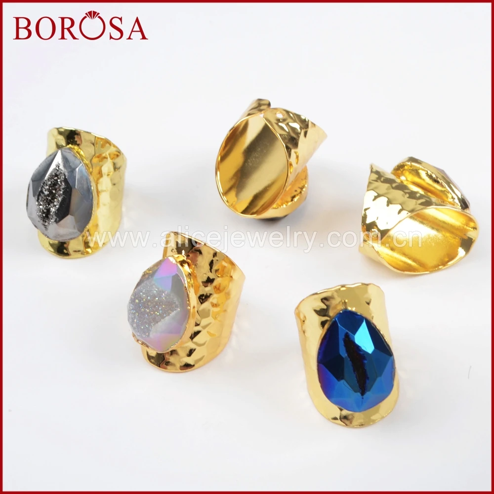 BOROSA Teardrop Drusy Gems Rings for Women Fashion Rainbow Titanium Druzy Faceted Gold Band Party Jewelry G1430 | Украшения и